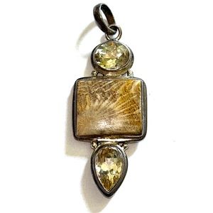 925 Sterling Silver Fossil Coral Agate Necklace Pendant & Yellow Citrine